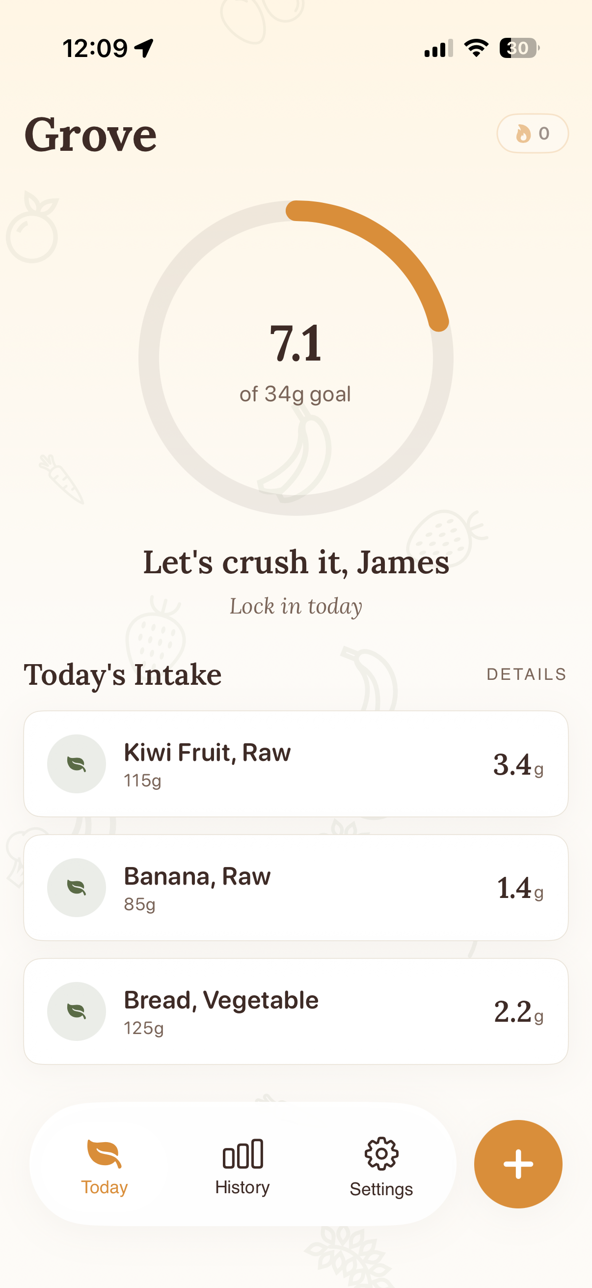 Grove fiber tracker daily ring showing progress toward your fiber goal